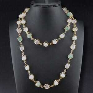 Vintage Topaz Jade Stone Wire Wrapped Polished Beaded Necklace 32" Gold Tone